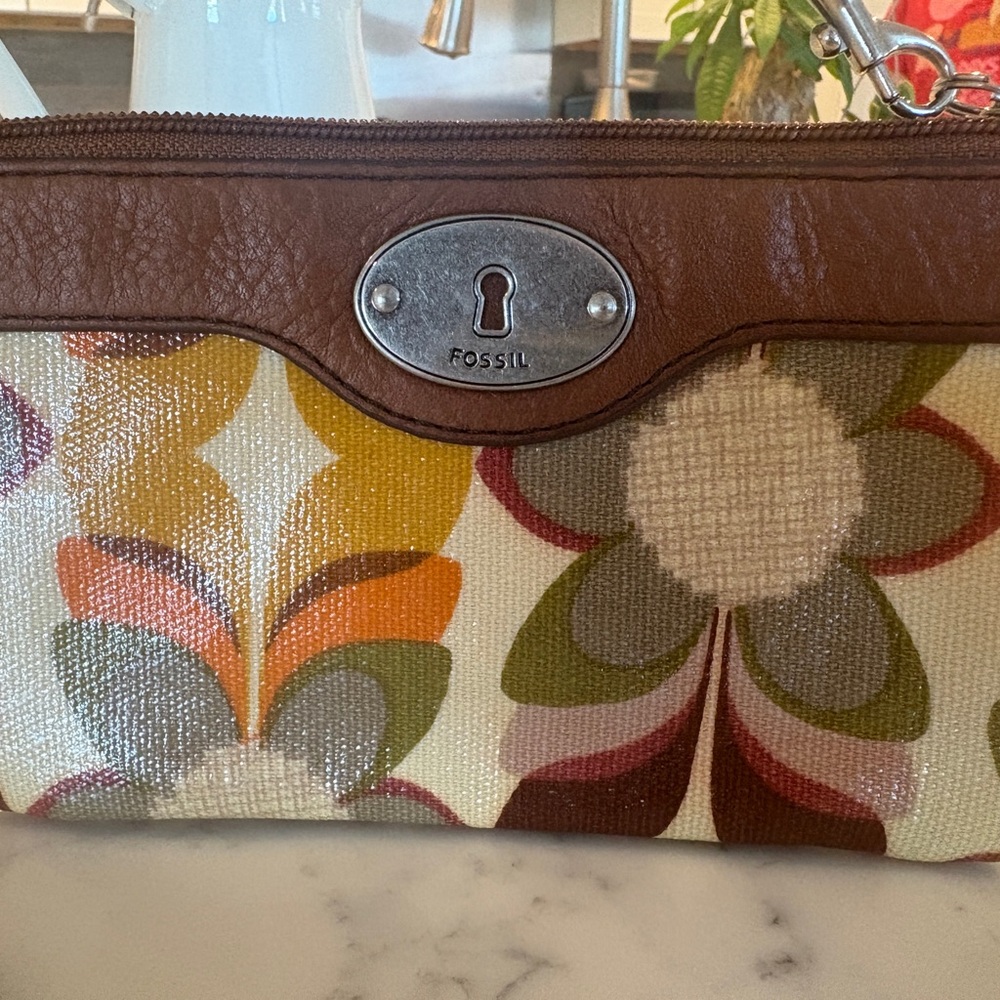 Fossil Brown Leather-Trim Floral Canvas Wristlet with Mustard & Olive Accents